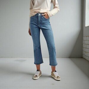 Express High Waisted Cropped Flare Jeans Medium Wash 10